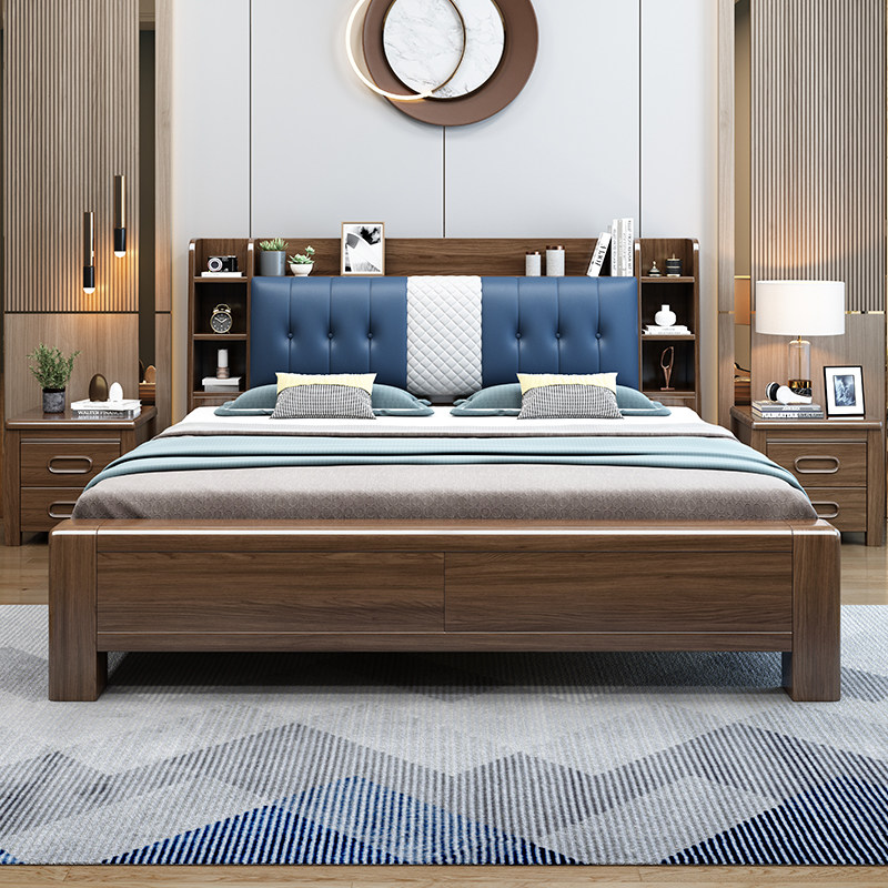 Walnut wood bed 1 8 m double-style master bedroom light luxury bed modern minimalist soft chu wu chuang