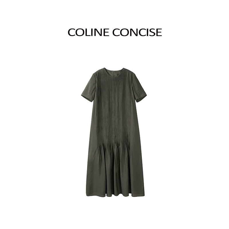 Coline Concise 26 Summer Silk Heavy-Duty Tuck-Striped Dark Green Design Short-Sleeved Dress Q0787