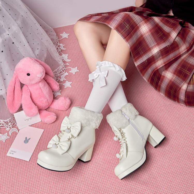 2021 Autumn and Winter Thickened Snow Boots Versatile Mid-Heel Furry White Short Boots Women's Lolita Princess Original Lo Shoes