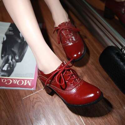 New retro British fashion lace mid-heel shoes with LACES, thick-heeled low-top shoes, single shoes, small size 30, 31, 32, 3