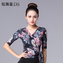 Latin dance clothing female adult new V-neck lace-up long-sleeved top ballroom dance dance practice suit printed dance