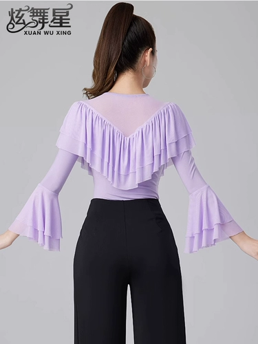 Современные танцевальные упражнения с высоким роговым рукавом -Лиф края латиноамериканская танцевальная рубашка танцевать танце