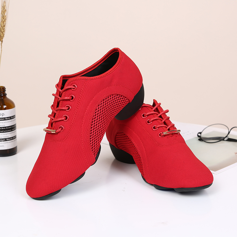 Red Latin dance shoes female style adult with soft bottom teacher shoes net face Oxford cloth dance shoes genuine leather practice shoes