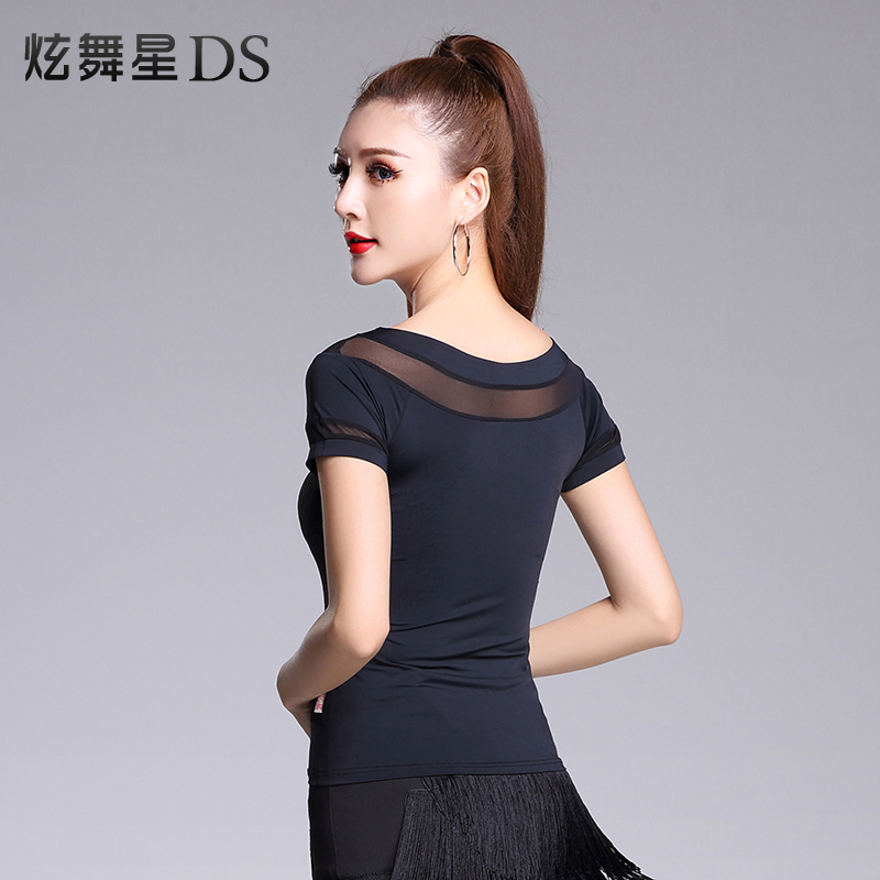 Latin dance suit adult new short sleeve blouses female mesh yarn half sleeve dance suit national standard morden social dance dress