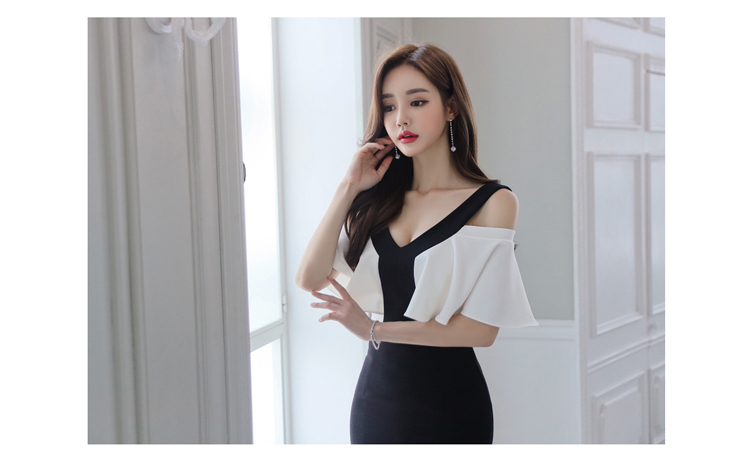 VK旗艦店 韓國風時尚黑白拼色斗篷性感修身職業包臀短袖洋裝