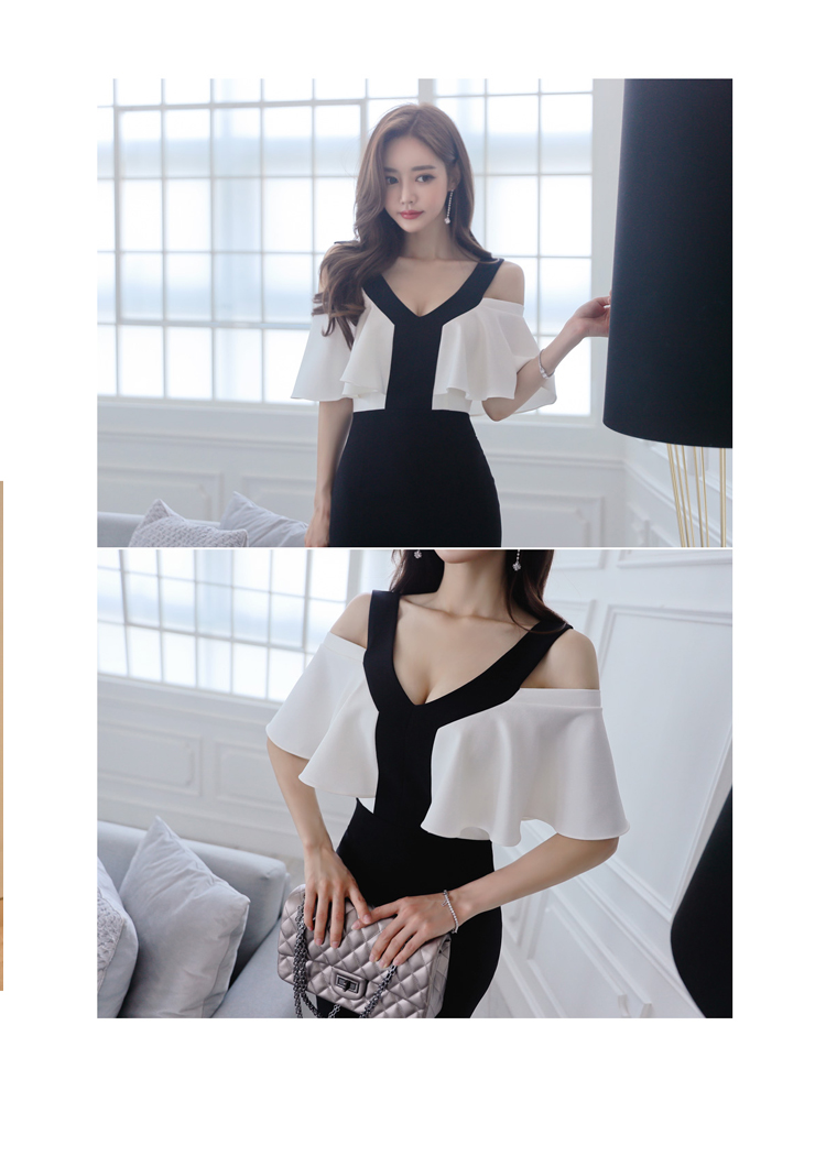 VK旗艦店 韓國風時尚黑白拼色斗篷性感修身職業包臀短袖洋裝