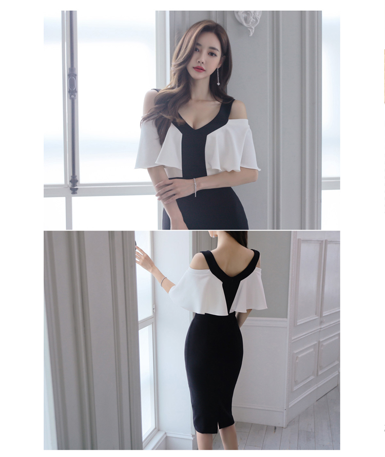 VK旗艦店 韓國風時尚黑白拼色斗篷性感修身職業包臀短袖洋裝