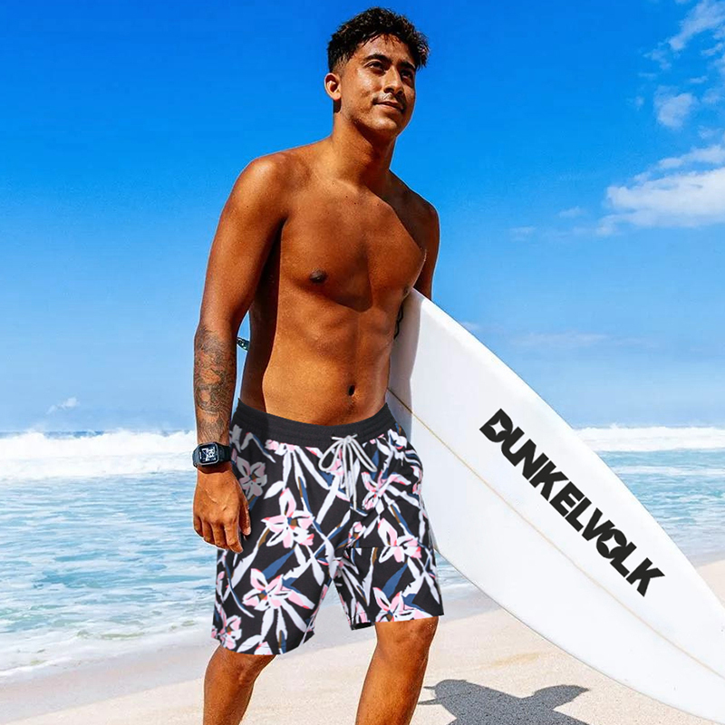 Dunkelvolk Beach Shorts, Swim Trunks for Men, Adult Swim Shorts, Quick-Drying Lined Floral Shorts