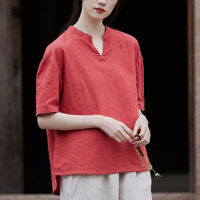 26 New summer cotton and linen, artistic and retro women's wear, loose V-neck top, short-sleeved, thin, color-blocked, button-up and pull-off T-shirt