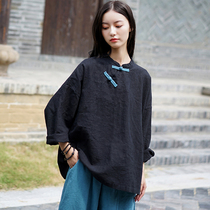 Cotton and hemp autumn new retro loose Chinese style color plate buckle stand collar oblique lapel pullover shirt womens top tea dress