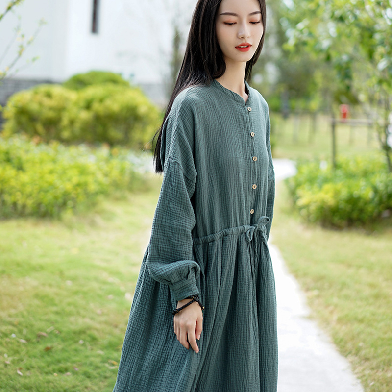 cotton linen autumn new vintage retro country wind pure color double layer cotton creamy long sleeve foreign dress vertical collar rope conspicute robe