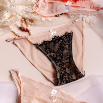 Light cooked petty bourgeois~ low waist eyelash lace mesh transparent panties for women adjustable thin belt bikini briefs