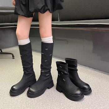 2025 new letter long boots women's chimney boots fashionable slim short boots small thick soled brown martin