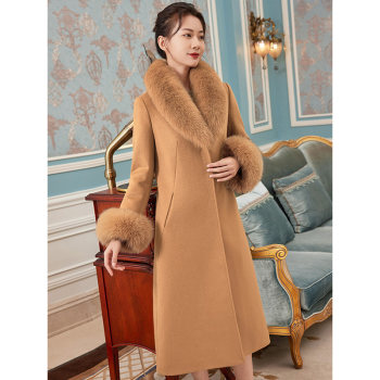 秋冬新款高端狐狸毛领羊绒大衣女修身显瘦长款过膝加厚羊毛呢外套