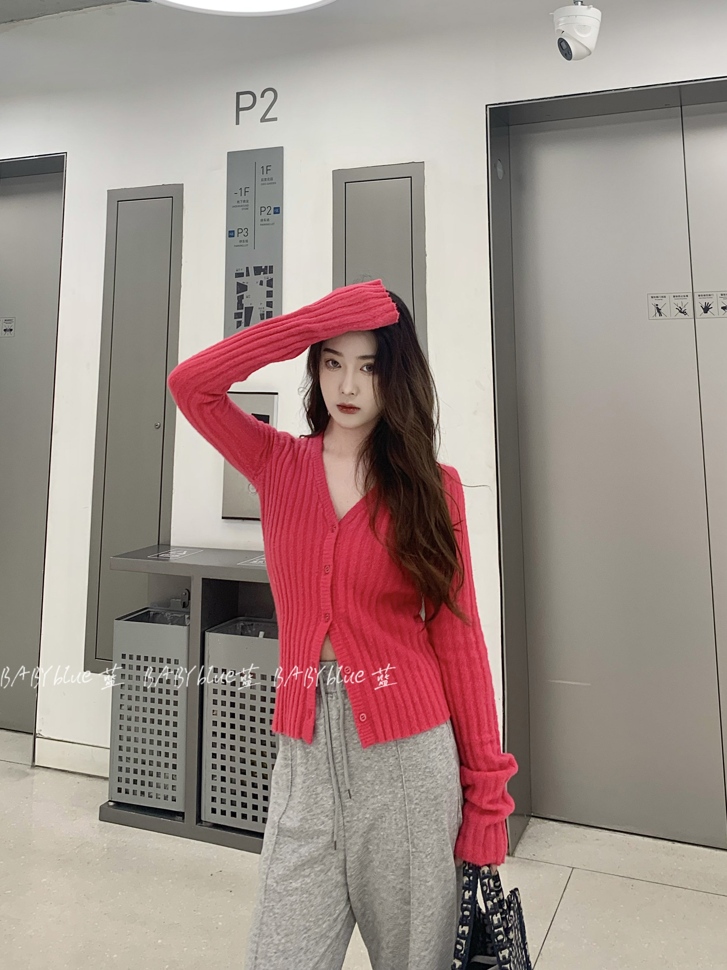 BABYblue (Dragon Fruit) one-row button rose red knitted sweater women's autumn and winter new cardigan long-sleeved top