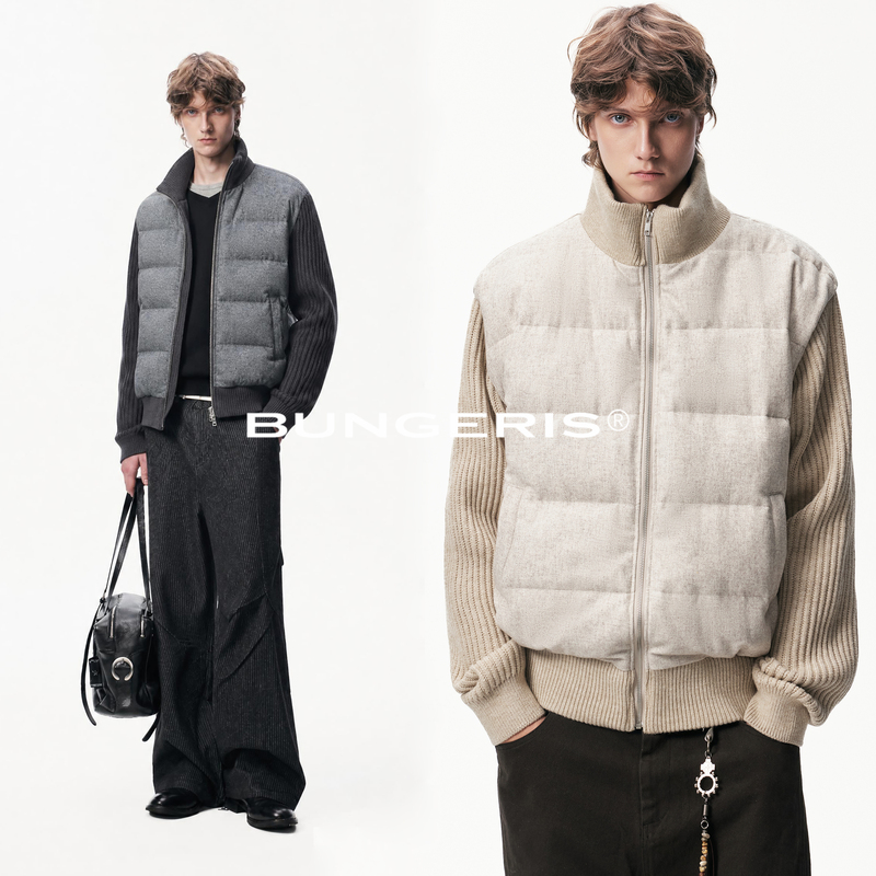 Bungeris "Wool Blend" 90 White Duck down Stand Collar down Jacket Winter Knitted Patchwork Short Jacket for Men Bungeris "Wool Blend" 90 White Duck down Stand Collar down Jacket Winter Knitted Patchwork Short Jacket for Men