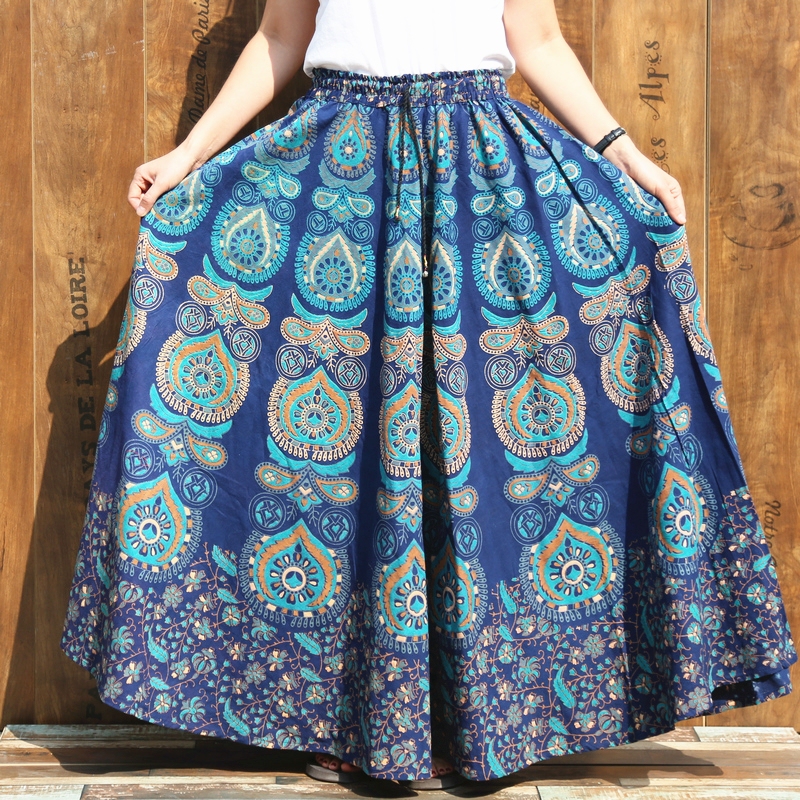 Beach Long Skirt with Feathers, Indian Mandala Long Skirt, Blue Print, Travel, Retro Ethnic Style Umbrella Skirt, Summer