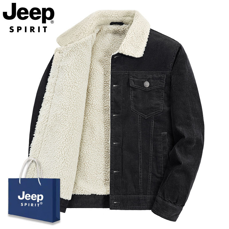 Jeep Men's Lamb Wool Jacket for Autumn and Winter, Fleece-Lined and Thickened Cotton Coat, Corduroy Workwear Jacket, Fashionable Cotton Clothing