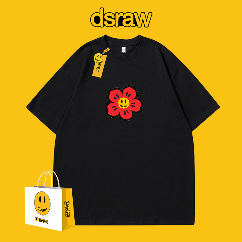 Dsraw Trendy Brand Retro Floral Pattern Loose Versatile Pure Cotton Versatile Short-Sleeve T-Shirt for Men and Women Couple Tops Summer