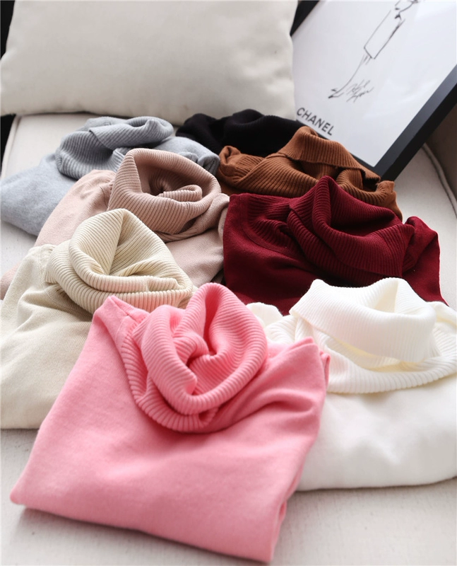 Làm bằng tay ~ 2018 mùa thu và mùa đông áo thun co giãn màu cao cổ áo len cổ lọ Đầm cotton giảm béo MBF28006