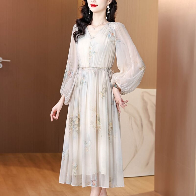 Hueq. Light Luxury New Summer Floral High-End Silk Dress with Printed Waist-Cinching Design That Makes You Look Slimmer and More Elegant