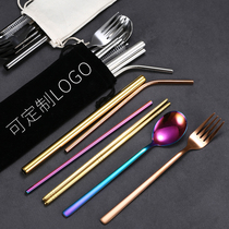 Opening Gift Custom LOGO Eco-friendly Cutlery 304 Stainless Steel Straws Spoon Fork Chopsticks Seven Pieces of Milk Tea Straws