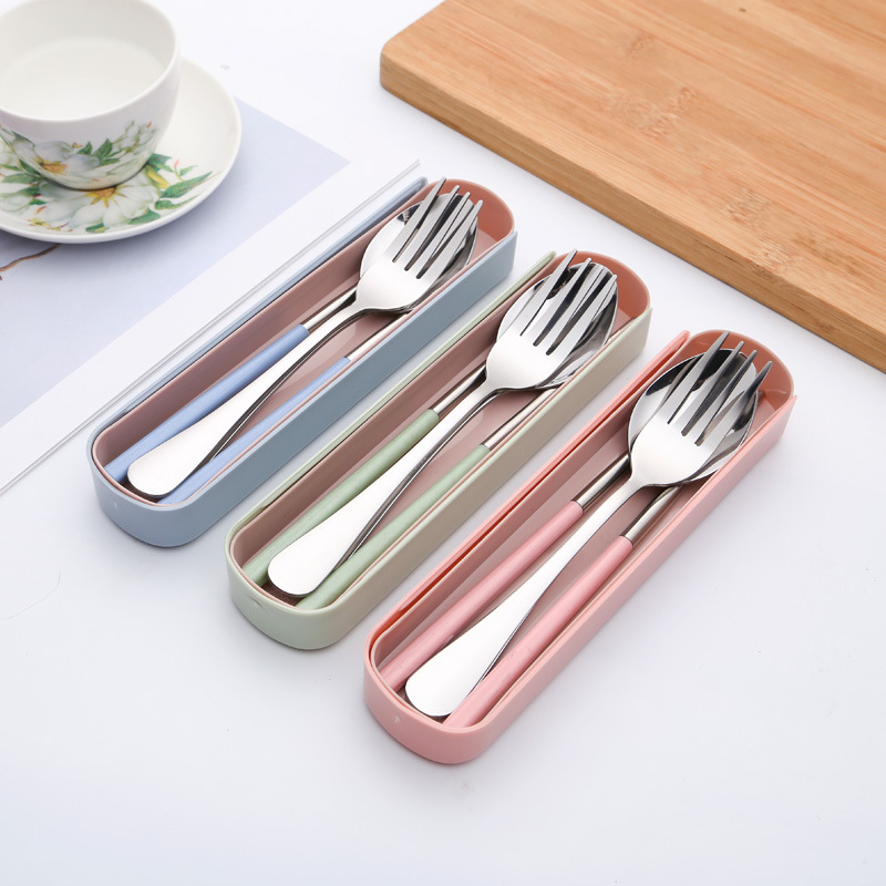 Opening Gift Custom LOGO Stainless Steel Spoon Chopsticks Fork Three Pieces Korean Type Portable Cutlery Suit