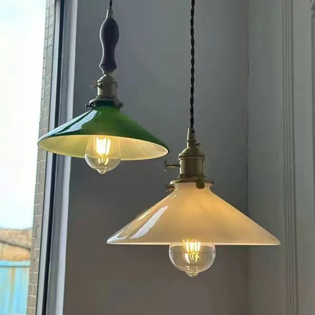 Old Shanghai Retro Green Glass Walnut Wood Chandelier, Vintage Cafe, Tea Room, Bar Counter, Restaurant Track Bedside Chandelier