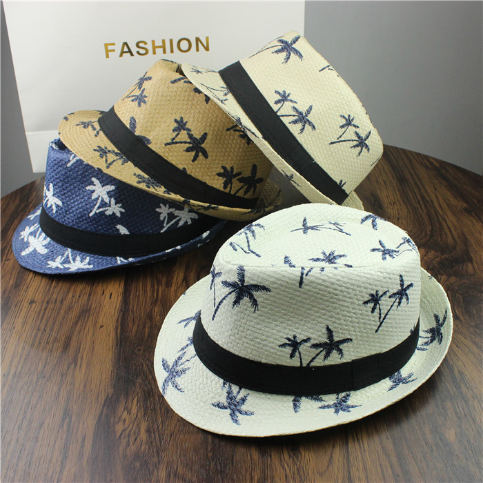 Korean Style Sunshade Straw Hat for Couples, Beach Sun Hat with Coconut Tree Pattern, Unisex Sun Protection Jazz Hat, Trendy for Spring and Summer