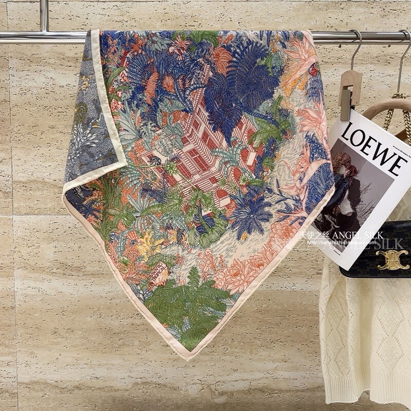Tropical Rainforest Fubao Silk Wool Scarf Hand-Rolled Edges Double-Sided Different Color Silk Wool Square Scarf Warm Shawl