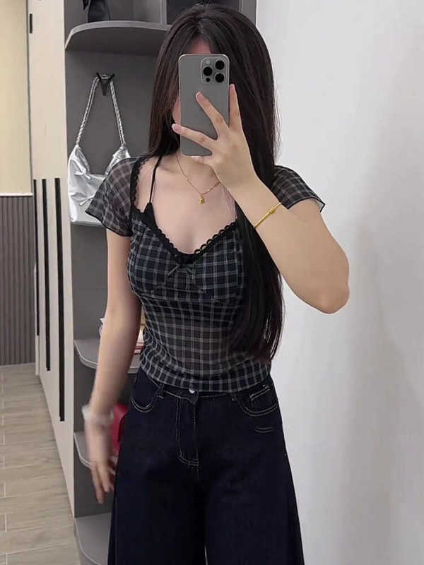 Plus-Size Women's Black Plaid Short-Sleeve Top with Lace Trim, Unique Design, Ruffled Sleeves, and Small Flutter Sleeves for Summer