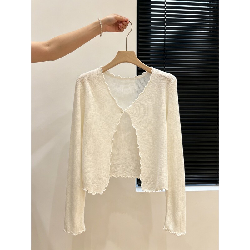 Plus-Size Gentle Style Ruffled Knit Cardigan for Women, Thin Sun-Protective Cover-Up, Slim-Fitting Light Apricot Top