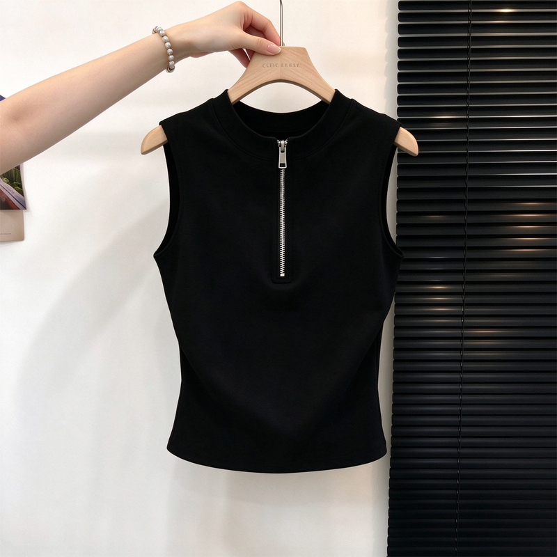 American Retro Casual Versatile Black Half-Zip Vest for Women, Autumn Plus-Size Slimming Sleeveless Top for Curvy Women American Retro Casual Versatile Black Half-Zip Vest for Women, Autumn Plus-Size Slimming Sleeveless Top for Curvy Women
