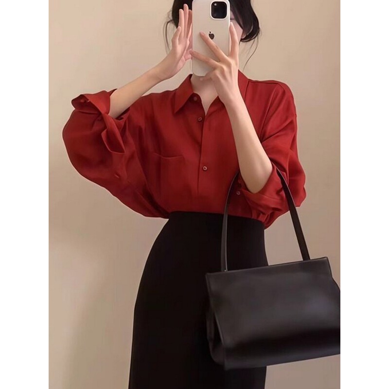 Plus Size Hong Kong Style Retro Red Casual Long-Sleeved Shirt for Women, New Spring Loose Fit, Slimming and Versatile Top, Trendy