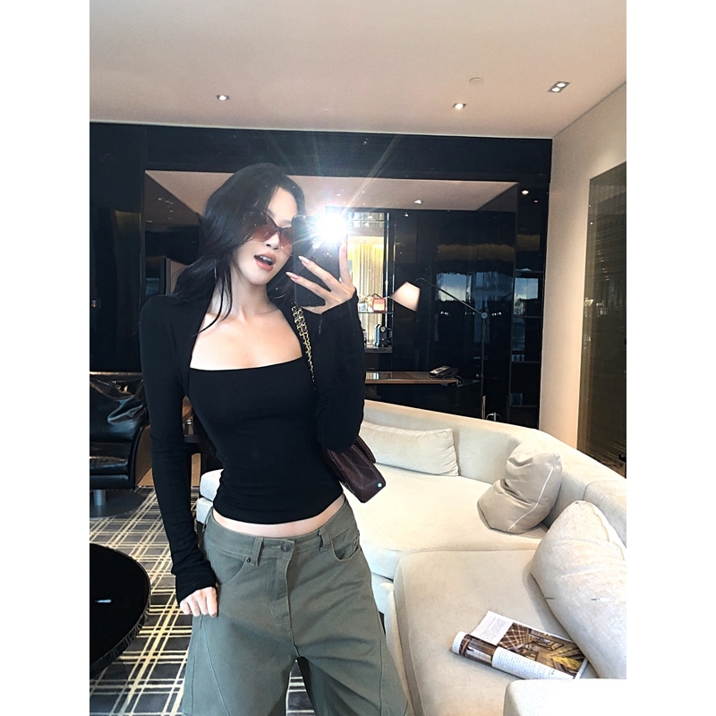 Plus-Size Hot Girl Style Black Sexy and Elegant Long-Sleeved T-Shirt for Women, Autumn Slim-Fit Versatile Top