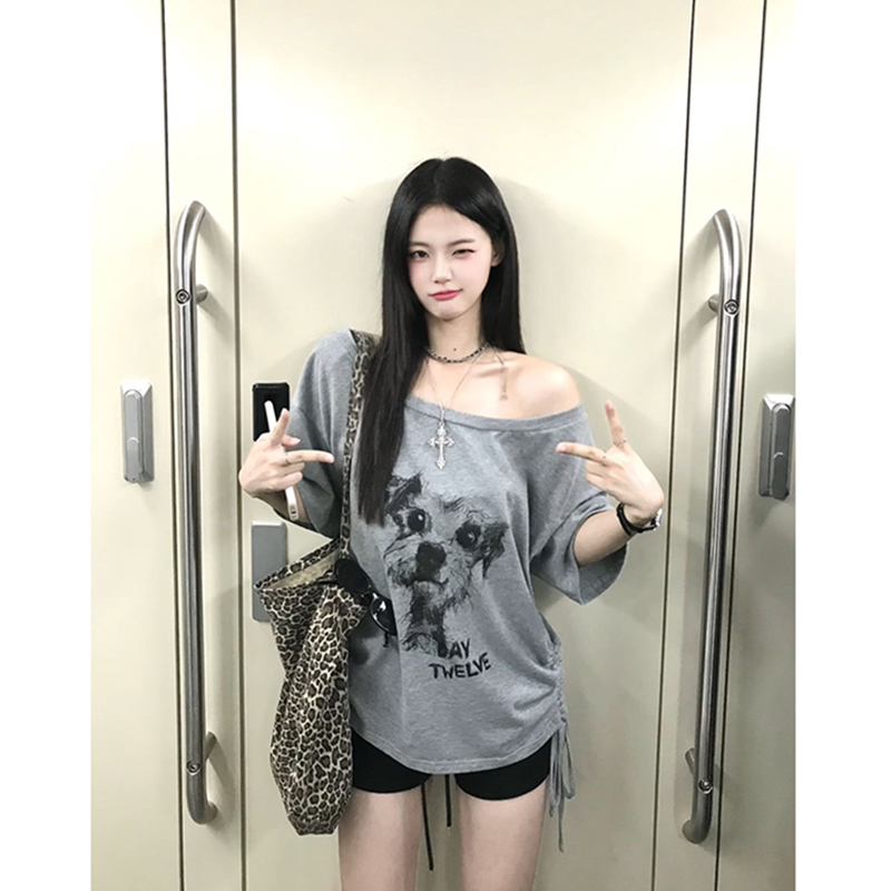 Plus Size American Style Spicy Girl Off-Shoulder Short-Sleeve T-Shirt for Women, Summer Vintage Design Drawstring Printed Top