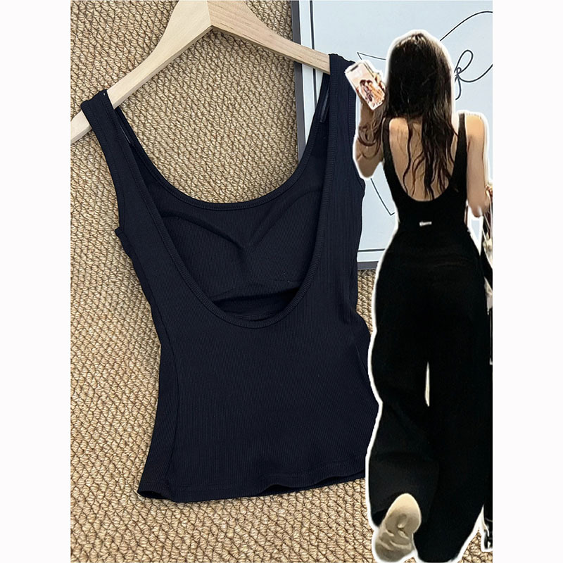 Plus-Size Women's Stylish Backless Black Tank Top for Early Autumn, New Style with Chest Pads, Slim Fit, Trendy Top