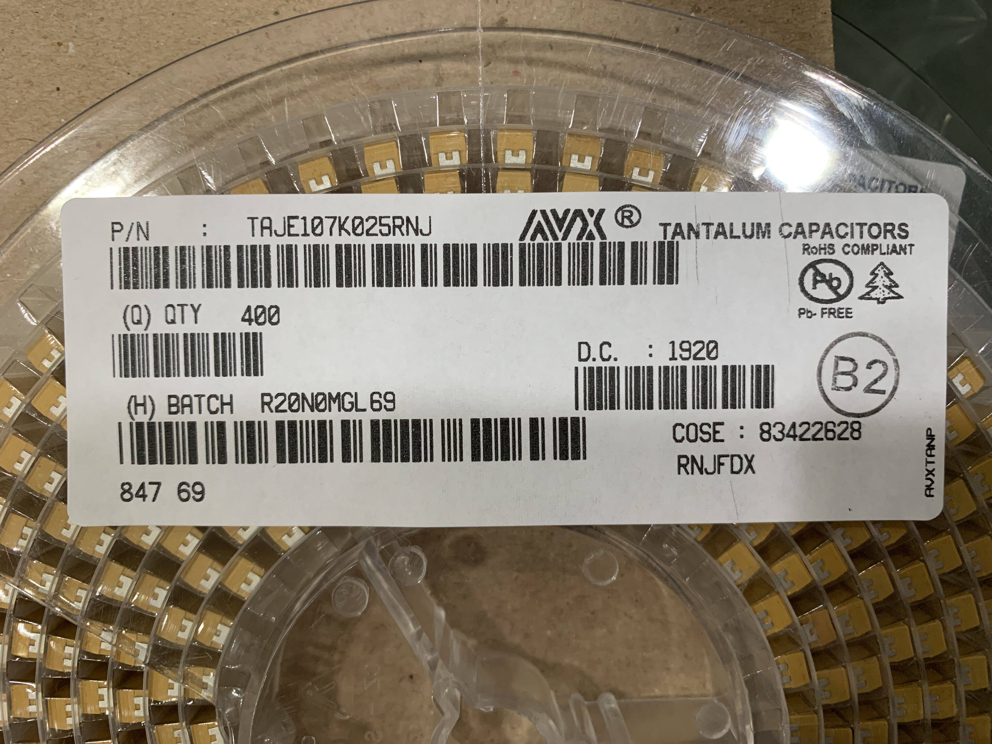 Tantalum capacitor AVX TAJB107K025RNJ 3528 1210 25V 100UF 10% 107E B type