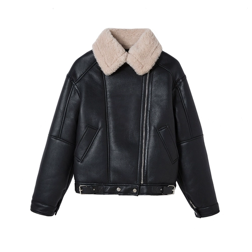 Heygirl Black Brother Boston Evening News Big Lape Mao Mao Splicing Motorcle Service Женский зимний ветровый стек и теплый кожаный курт