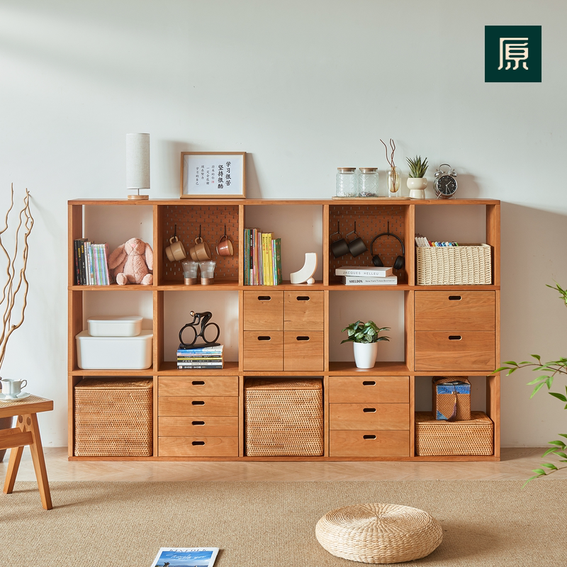 Original Muji Japanese-Style Free Combination Bookshelf Cherry Wood Floor-Standing Low Shelf Bookcase Grid Cabinet Toy Storage Cabinet