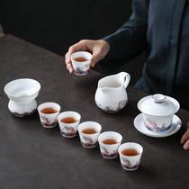 White porcelain tea set Chinese white sheep Jade kung fu tea set ceramic small set Cover bowl tea cup high-end home gift