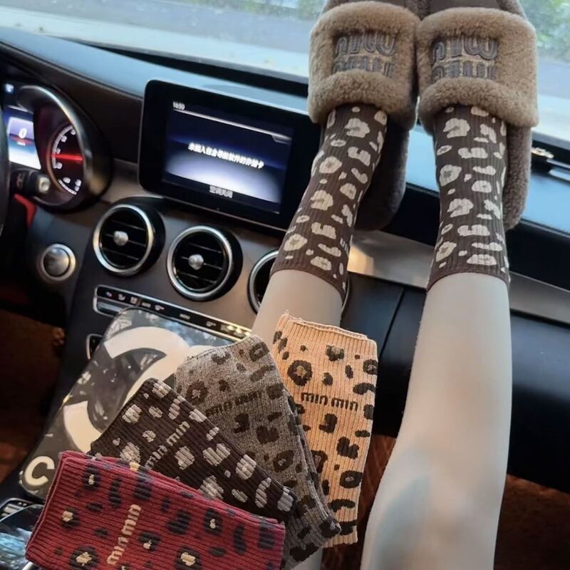Women's Socks Autumn and Winter New Stylish Ins Trendy Versatile Letter Leopard Print Retro European and American Mid-Calf Socks High Waist