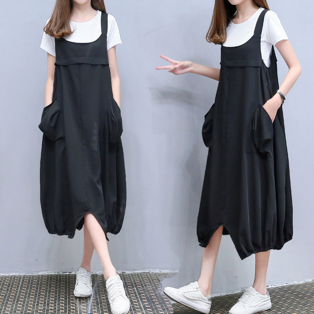 A-line skirt casual two-piece set 2022 summer new large size women's T-shirt suspender skirt suit loose dress