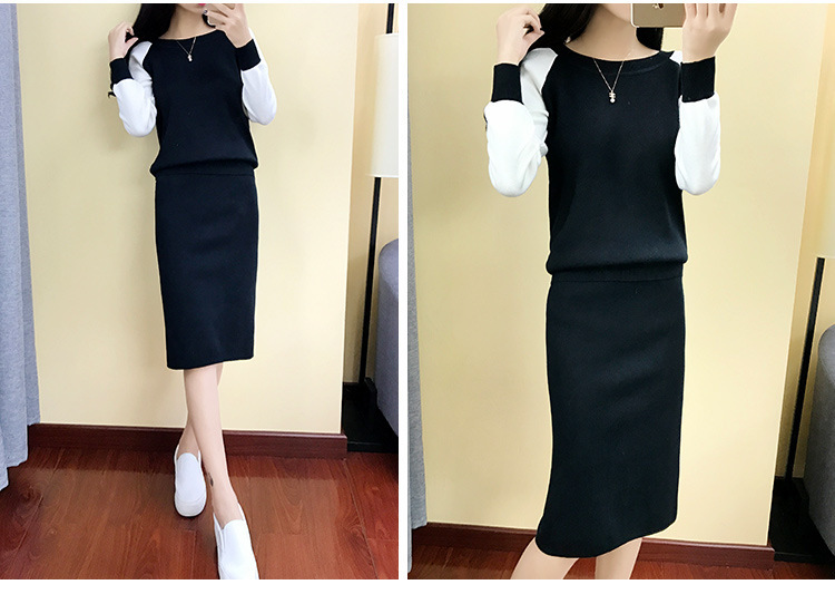 Thời trang phù hợp với váy nữ mùa thu đông mới áo len dài tay Hàn Quốc + váy eo cao váy liền hai dây bộ mặc nhà