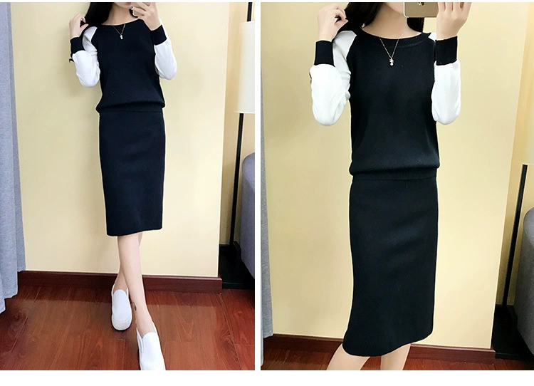 Thời trang phù hợp với váy nữ mùa thu đông mới áo len dài tay Hàn Quốc + váy eo cao váy liền hai dây