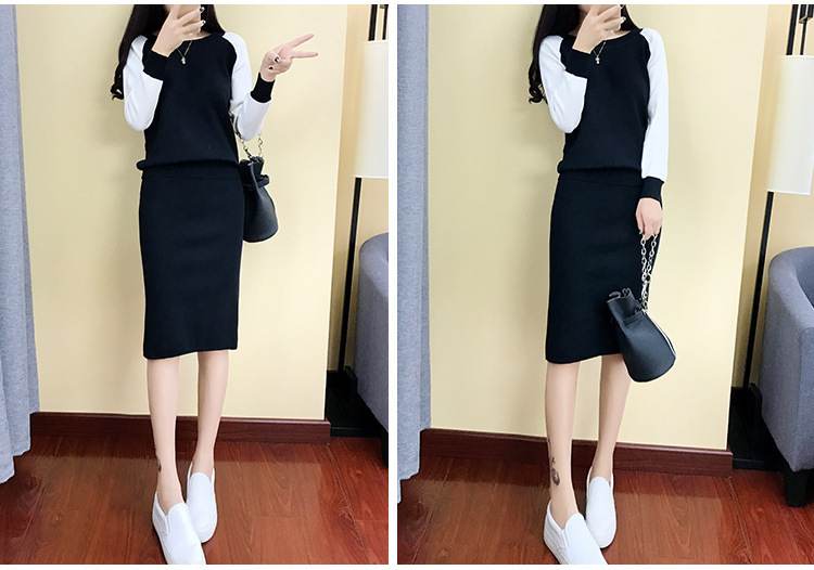 Thời trang phù hợp với váy nữ mùa thu đông mới áo len dài tay Hàn Quốc + váy eo cao váy liền hai dây bộ mặc nhà