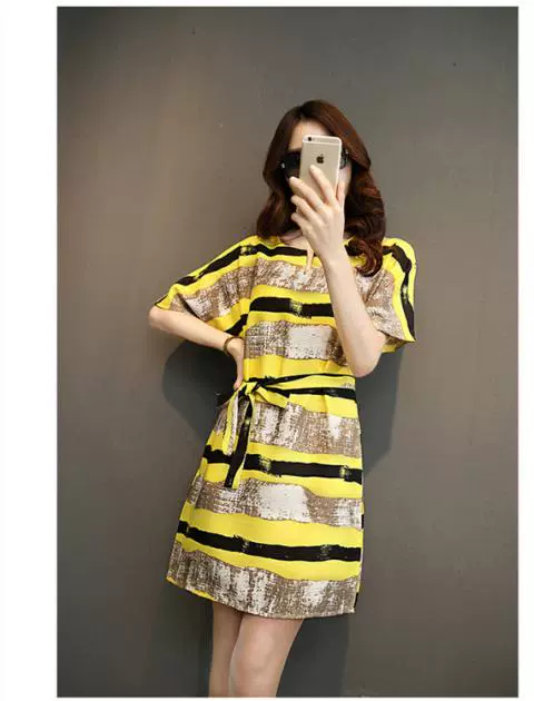 Mùa hè mới khí thời trang đầm nữ tre cotton ngắn tay sọc đêm váy nữ đã mỏng váy cỡ lớn