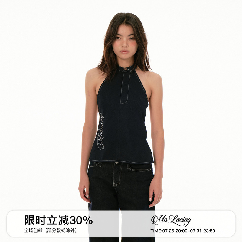 Molacing Millennium Hot-Drilled Rhinestone Halter Neck Faux Denim Backless Camisole Molacing Millennium Hot-Drilled Rhinestone Halter Neck Faux Denim Backless Camisole