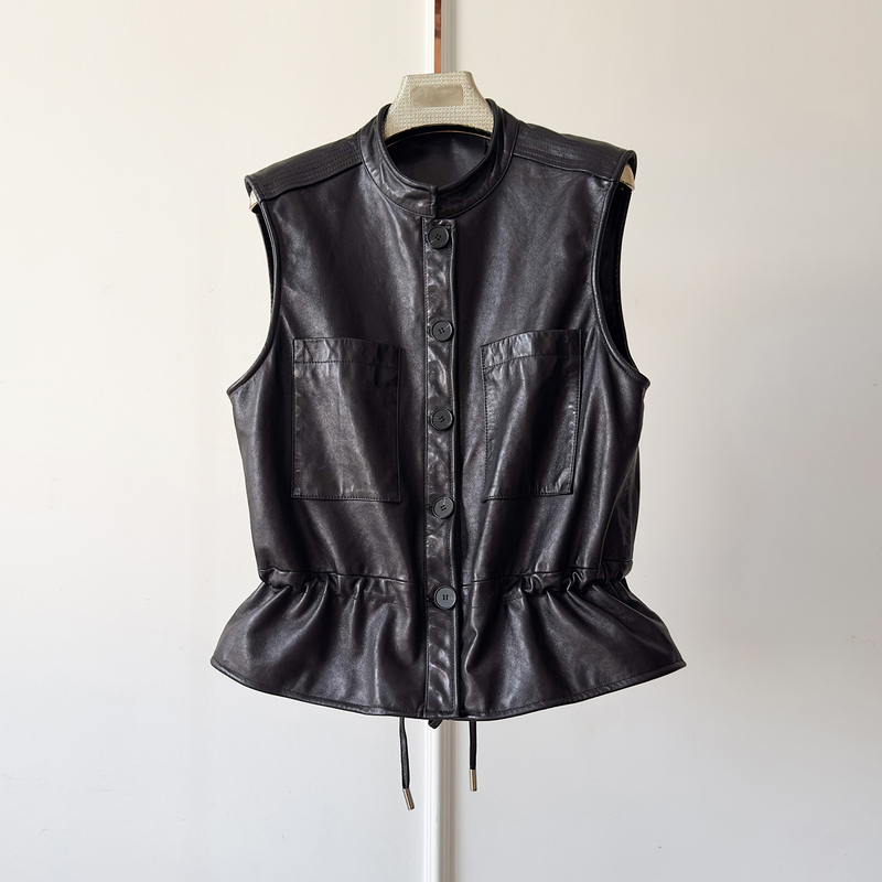 Oil Waxed Genuine Leather Vest for Women 2026 Spring and Autumn New Style Sheepskin Vest with Waist Drawstring Stand Collar Jacket Leather Coat
