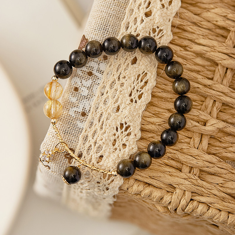 Natural obsidian bracelet female in small design light luxury delicate blonde crystal beads crystal string DIY gift